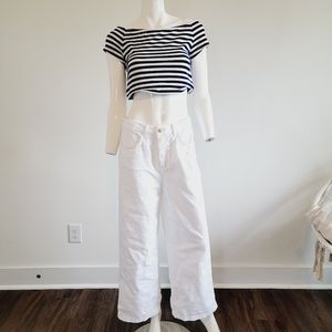 Nautical Navy Blue White Striped Short Sleeve Off the Shoulder Top Sz S